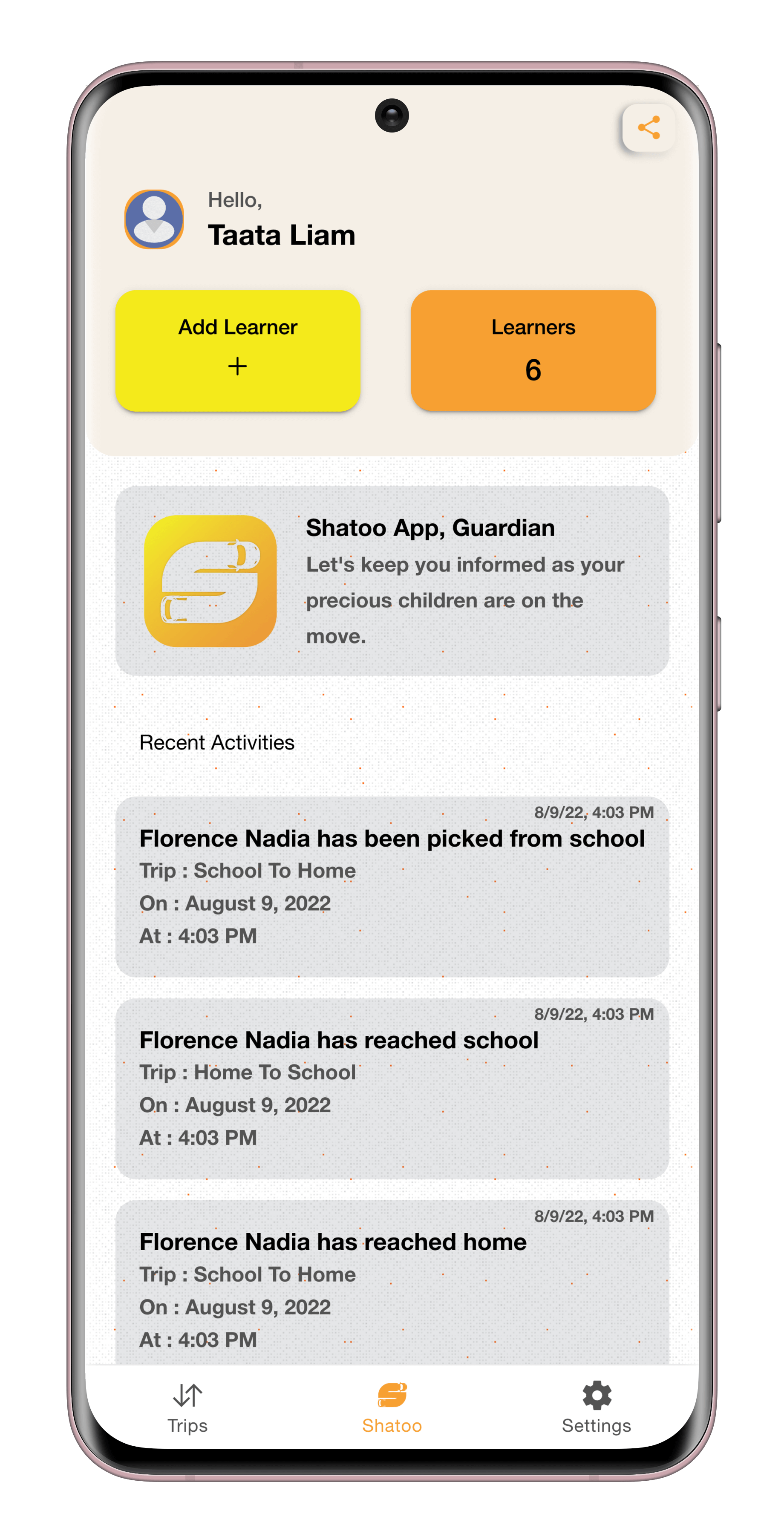 Shatoo App android dashboard 